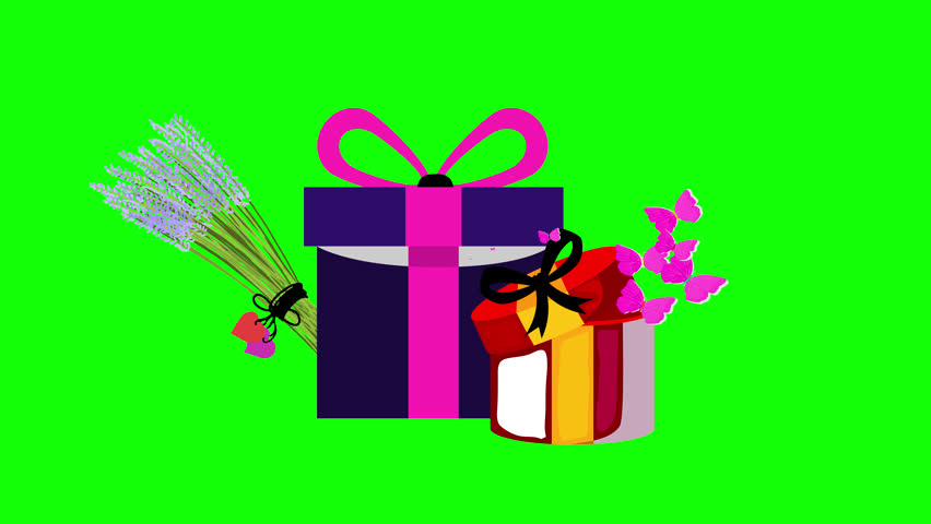 Gift boxes with ribbons, butterflies, and flowers on green background