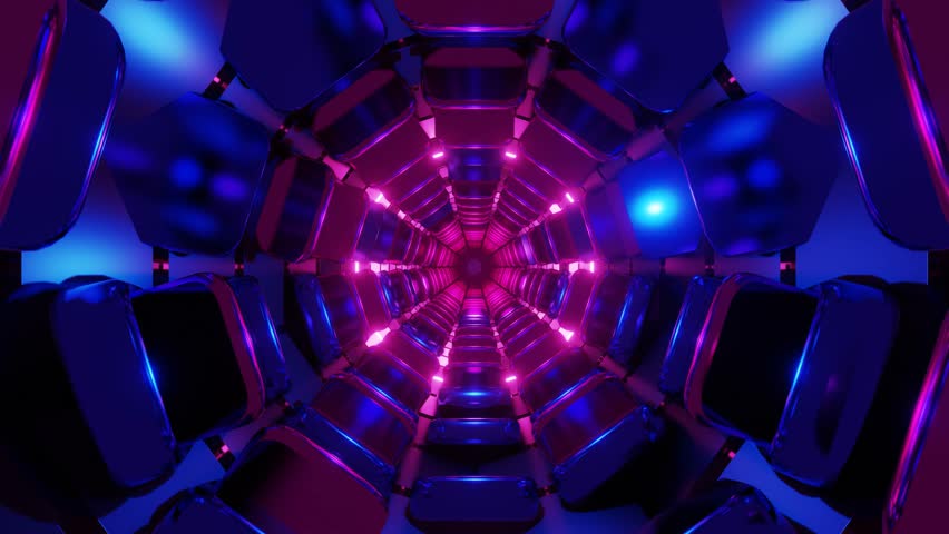 An AI-Generated 3d visualization shows an endless, cyberpunk tunnel illuminated by vibrant pink, blue and purple neon light