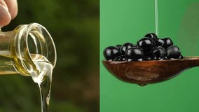 Pouring olive oil from a glass bottle into a wooden spoon with olives. Collage, multi-screen. - Powered by Shutterstock - Get 15% off with code: PIKWIZARD15
