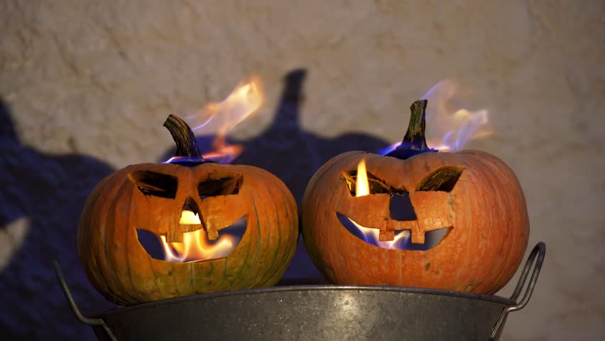halloween pumpkins burning in Samain Samahin traditional  fest , 4k real  video footage background