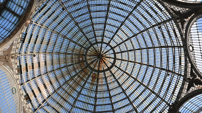 Naples, Italy, December 27, 2024. Footage showing the rotation of the center of the glass and metal roof of the Galleria Umberto I. Travel destinations.
