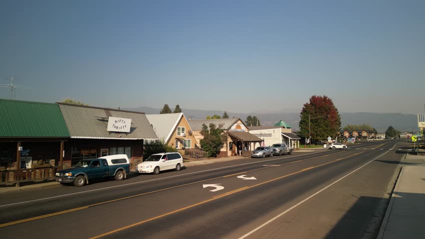 Aerial ascending over New Meadow Idaho Main Street on Highway 95