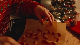 Woman Holding Sheet of Freshly Baked Red and White Candy Cane Cookies Above Table Near Christmas Tree. - Powered by Shutterstock - Get 15% off with code: PIKWIZARD15