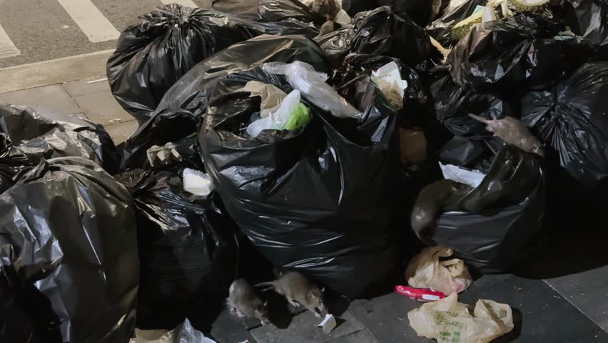 Close-up view of garbage bags swarming with rats on a city sidewalk