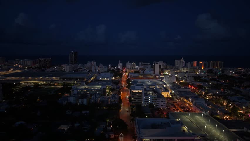 Aerial View of Miami Beach, Florida USA, Streets and Buildings in Lights