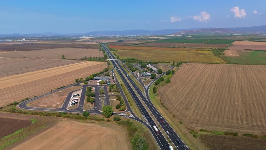 Aerial view from the petrol stations and traffic along the M3 highway near Karácsond in Hungary.
