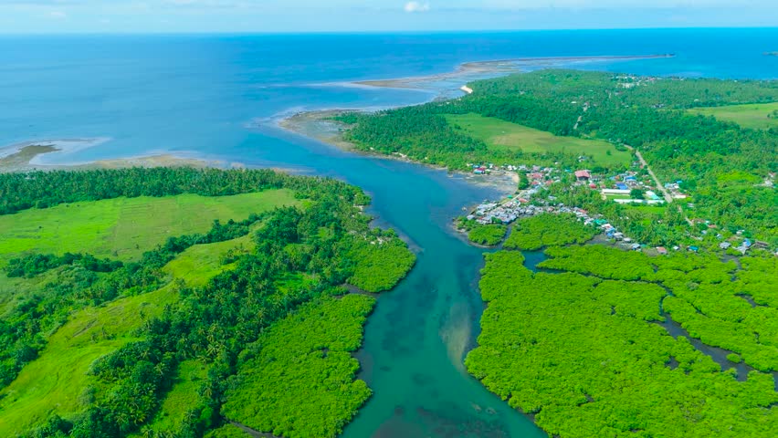 Aerial view of a winding river flowing through vibrant green mangroves and lush tropical landscape towards the blue ocean, with a coastal village visible on Siargao, Philippines.