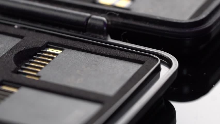 Macro shot of SD memory cards stored inside protective black case, studio close up detail.