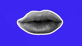 Retro collage animation showcasing female lips crafted from newspaper clippings with a halftone effect on a vibrant blue background. - Powered by Shutterstock - Get 15% off with code: PIKWIZARD15