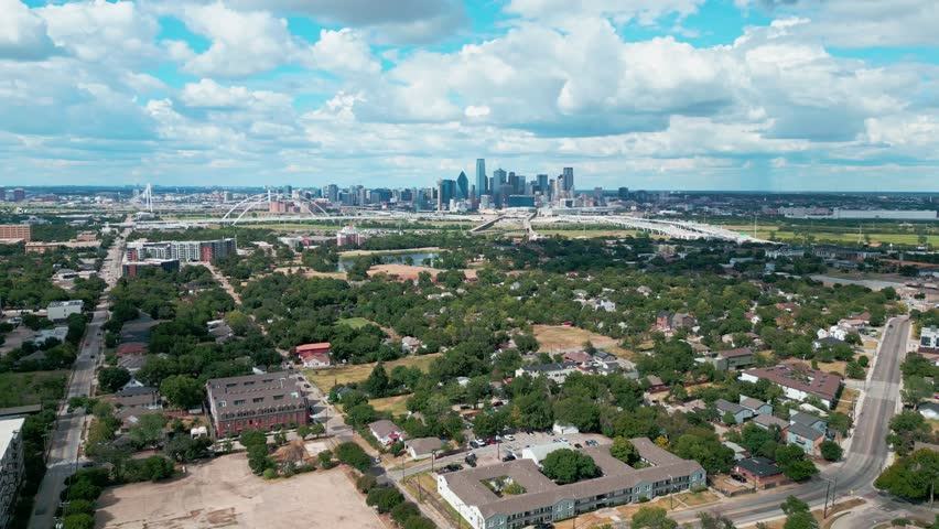 Aerial orbit of Oak Cliff neighborhood in Dallas, Texas