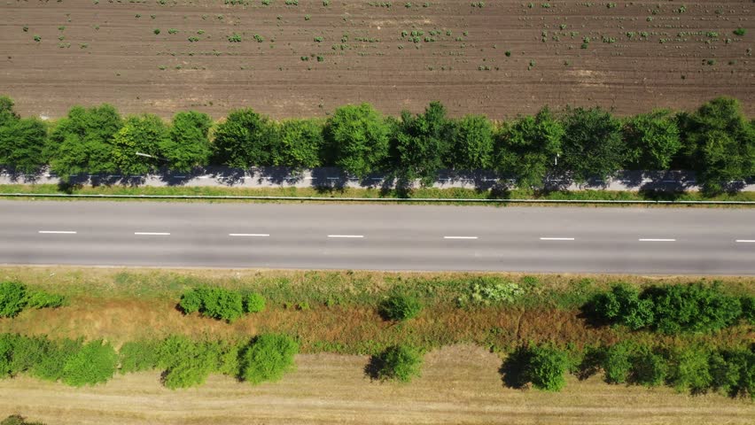 Aerial top view of red truck driving on countryside road between green trees and agricultural fields. 4K drone pov shot.