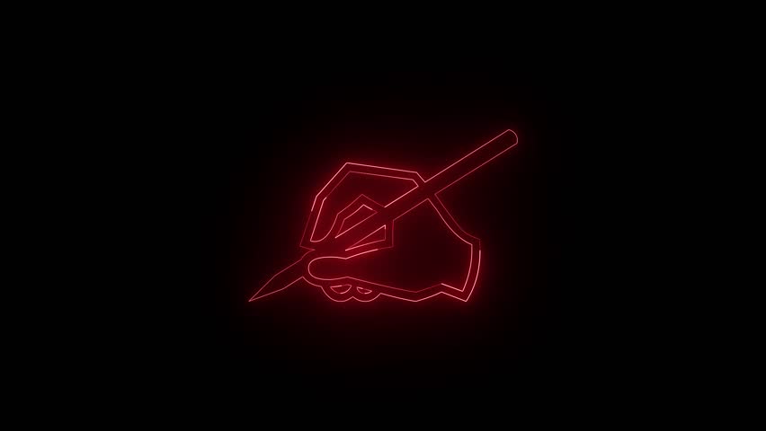 Neon Red Animated Hand Writing with Pen Icon on Black Background - Signature or Contract
