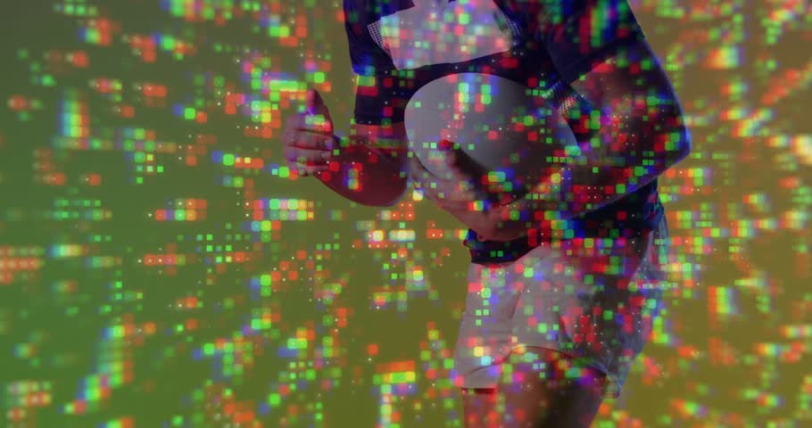Ball carrier protecting oval ball from opponent tackle in sports, glitch overlay intensifying. Dynamic, competitive, action, sports, digital, vibrant, athleticism