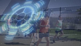 Six male runners entering frame and initiating fitness HUD showing metrics while jogging park path. Athletics, fitness, technology, performance, teamwork, motivation, outdoor - Powered by Shutterstock - Get 15% off with code: PIKWIZARD15