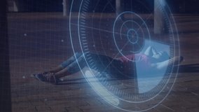 Woman arriving on deck at dawn exhaling lifting torso for core crunches with rotating fitness HUD. Fitness, technology, health, outdoor, wellness, digital, exercise - Powered by Shutterstock - Get 15% off with code: PIKWIZARD15