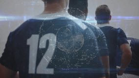 six male athletes walking in file through exit opening toward sports field, digital globe dimming. Athletes, teamwork, digital globe, sports, unity, competition, innovation - Powered by Shutterstock - Get 15% off with code: PIKWIZARD15