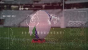 Camera revealing soccer ball on red kicking tee with scanning overlay forming rings for analysis. Sports technology, data visualization, augmented reality, digital analytics, stadium environment - Powered by Shutterstock - Get 15% off with code: PIKWIZARD15
