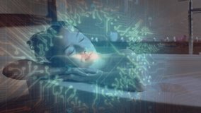 Client lying on spa bed, after pause circuits emerging and key icon pulsing unlocking relaxation. Wellness, relaxation, technology, holography, futuristic, health, serenity - Powered by Shutterstock - Get 15% off with code: PIKWIZARD15