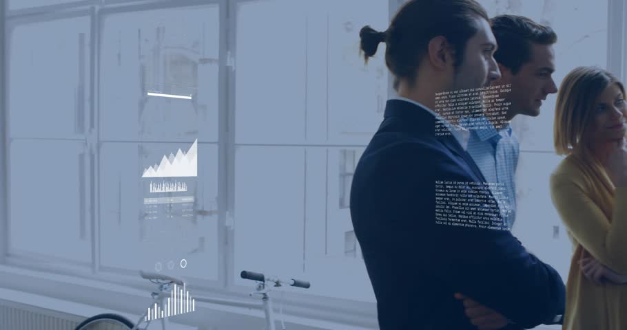 Overlays growing tech team studying charts while woman rearranging notes and man analyzing process. Collaboration, teamwork, innovation, modernoffice, dataanalytics, brainstorming, technology
