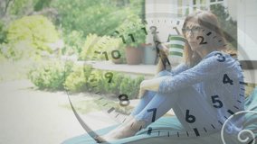 Transparent clock overlay starting movement while woman sipping mug on porch tracking wellness. Relaxation, outdoor, leisure, calm, serenity, nature, contemplative - Powered by Shutterstock - Get 15% off with code: PIKWIZARD15