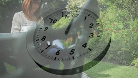 Clock overlay driving woman tapping tablet, writing notes, sipping coffee in garden for business. Time management, outdoor workspace, leisure activity, natural setting, digital technology, relaxation - Powered by Shutterstock - Get 15% off with code: PIKWIZARD15