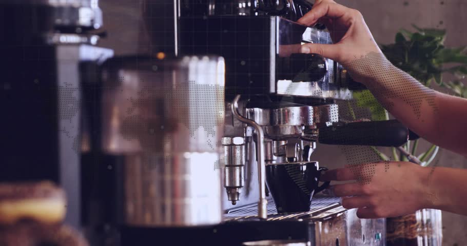 Barista hands lifting lever to start espresso extraction into cup then twisting knob purging grinds. Espresso, barista, industrial, craft, precision, hospitality, minimalistic