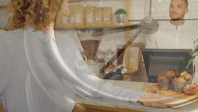 customer placing portafilter at cafe, barista reaching, transparent clock overlay counting seconds. Café, hospitality, time management, modern interior, customer service, warm atmosphere, professional - Powered by Shutterstock - Get 15% off with code: PIKWIZARD15