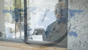 Colleague entering office, sipping coffee and initiating business meeting with map clock overlay. Workspace, professionalism, collaboration, modern, corporate, executive, strategy - Powered by Shutterstock - Get 15% off with code: PIKWIZARD15