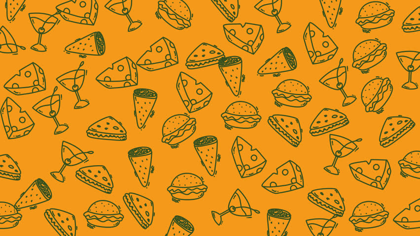 Doodle food green doodles of cheese burgers tacos and cocktails suitable for food blogs, menus, and social media posts.