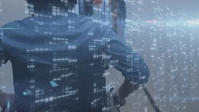 Man in wheelchair gripping handles, rolling down office hall toward team with AR overlay flickering. Assistive technology, digital transformation, accessibility, collaboration, innovation - Powered by Shutterstock - Get 15% off with code: PIKWIZARD15