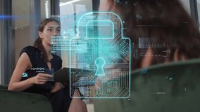 Seated woman holding folder initiating holographic scan for analysis, guiding colleague listening. Technology, innovation, collaboration, futurism, digital interface, professional, corporate - Powered by Shutterstock - Get 15% off with code: PIKWIZARD15