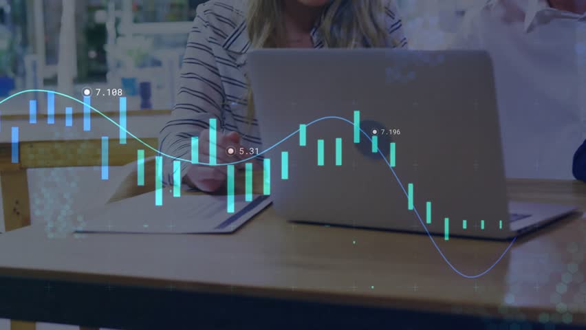 Business team tapping laptop trackpad in cafe shifting financial chart overlay and analyzing data. Collaboration, teamwork, analysis, digital, modern, communication, professional - Powered by Shutterstock - Get 15% off with code: PIKWIZARD15