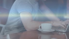 Man pushing coffee cup aside, typing on laptop, initiating code overlays and graphs for coding. Technology, programming, data visualization, innovation, workspace, digital, concentration - Powered by Shutterstock - Get 15% off with code: PIKWIZARD15