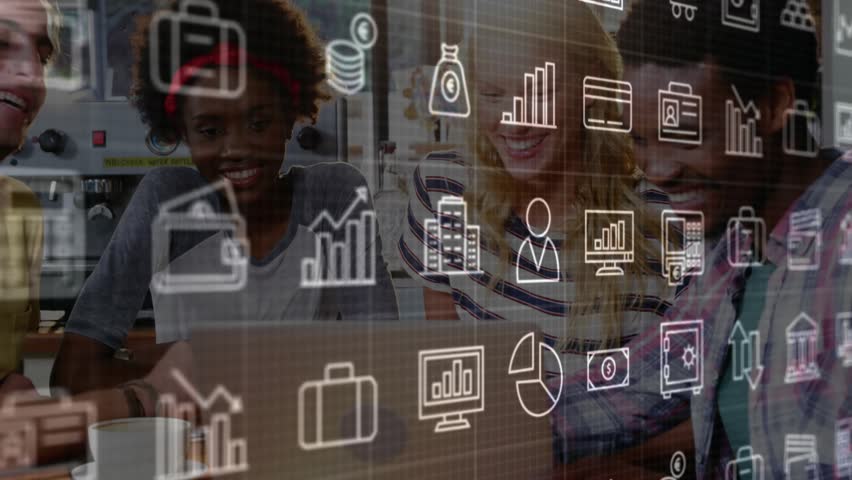 Icons fading into view over laptop sparking team scanning and clicking data for finance insights. Collaboration, innovation, technology, teamwork, data visualization, analytics, business