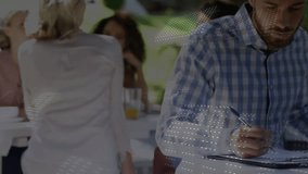 Man opening laptop beside notebook at cafe patio writing tech overlay intensifying for coding. Technology, innovation, portable, collaboration, outdoor, modern, digital - Powered by Shutterstock - Get 15% off with code: PIKWIZARD15