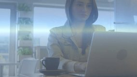 woman typing laptop in cafe causing data waves, code overlay and map visuals illustrating analysis. Technology, innovation, futuristic, workspace, analysis, digital, business - Powered by Shutterstock - Get 15% off with code: PIKWIZARD15