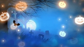 Happy Halloween text white animated. Happy Halloween Text Animation white color on blue background with ghosts, bats, clouds, pumkins, smoke and fireworks. Happy Halloween Text video. - Powered by Shutterstock - Get 15% off with code: PIKWIZARD15