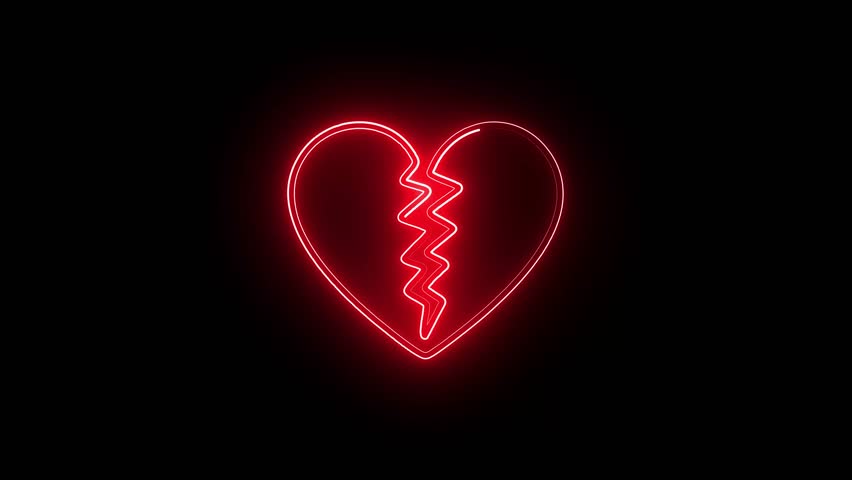 Neon animation icon of a broken red heart on black background. Broken heart animation, Concept of unrequited love.