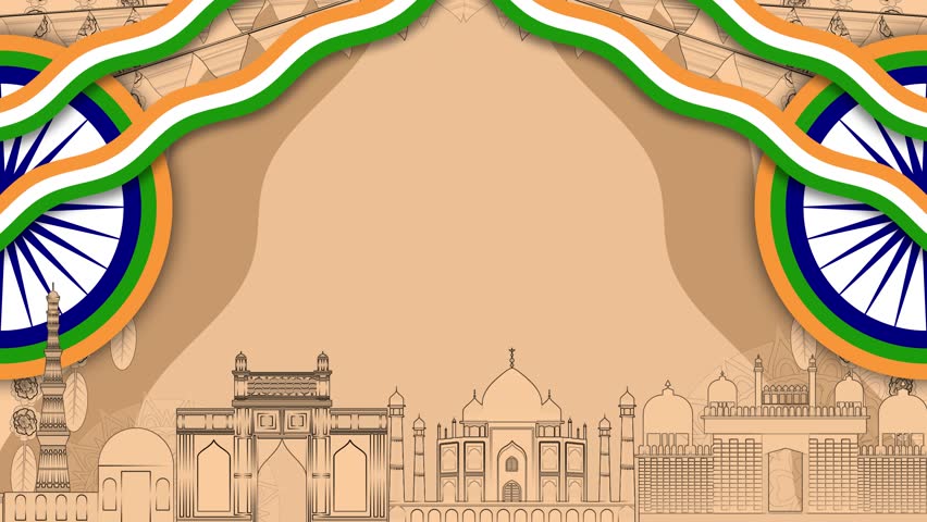 indian historical monuments decoration in light orenge colour and indian flag ashoka chakra. concept animation for national holiday in india.