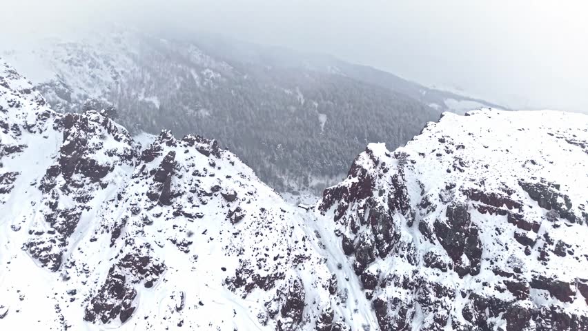 Aerial view of snow-covered rocky mountain peaks, misty forest, and a deep valley. The wild beauty and silent strength of winter nature.