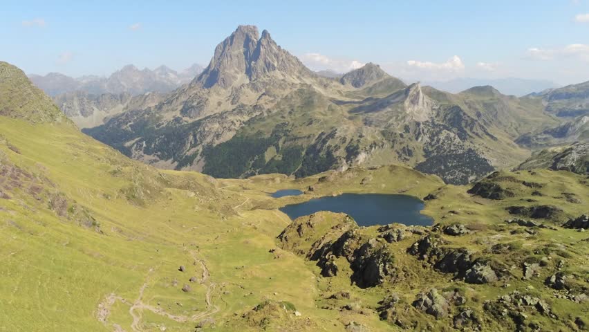 Aerial landscape of Lake d’Ayous, clear blue alpine lake surrounded by mountains in the Pyrenees