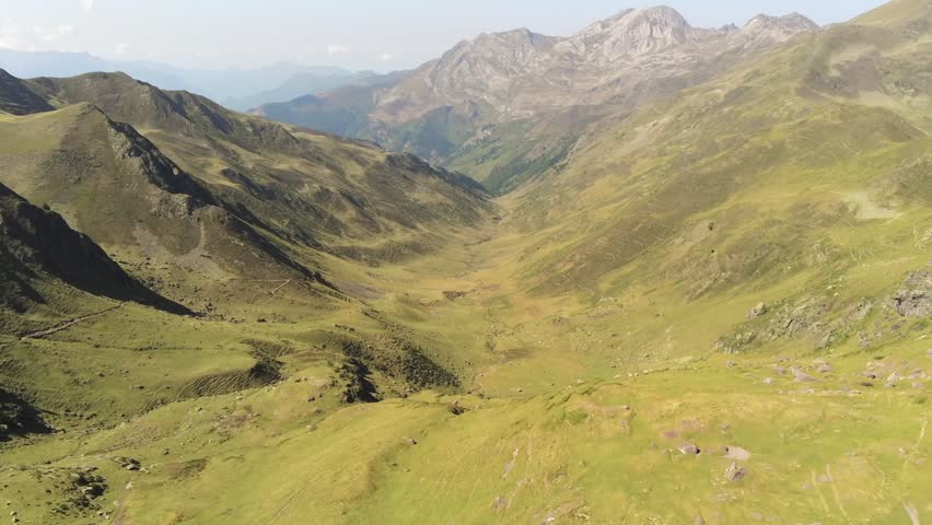 Aerial drone view of the Aspe Valley in the French Pyrenees, mountain landscape and forest