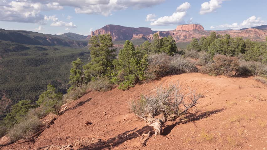 4k time lapse video of puffy white clouds drifting overhead while shadows move as the sun arcs across the sky seen from the desert mountains south of Kolob Canyon in Zion NP Utah USA on an autumn day.