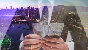 Double exposure of a man counting US Dollar bills against the modern city - Powered by Shutterstock - Get 15% off with code: PIKWIZARD15