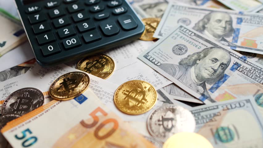 Background with US Dollar and Euro bills, BTC bitcoins and bills to pay.