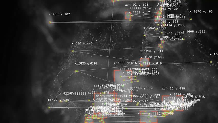 Computer Vision with Object Recognition Scanner Overlay. Big Data. CCTV AI Interface Scanning. Blob Tracking Lines, Coordinates, Bounding Boxes. Plexus style connections. Abstract Flow, black n white