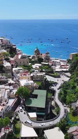 Amalfi Coast At Positano In Salerno Italy. Beach Landscape. Tourism Landmark. Amalfi Coast At Positano In Salerno Italy. Gulf Of Salerno Skyline. Coastal Cityscape. Mediterranean Sea.