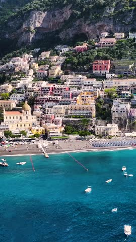 Amalfi Coast At Positano In Salerno Italy. Beach Landscape. Giant Cliffs Scene. Amalfi Coast At Positano In Salerno Italy. Medieval City Skyline. Gulf Of Salerno Mediterranean Sea. Beach Skyline.