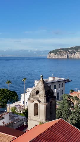 Sunset Sorrento Church At Sorrento In Naples Italy. Beach Landscape. Giant Cliffs Scene. Sorrento Church At Naples Italy. Sunset Skyline. Gulf Of Naples Mediterranean Sea. Amalfi Coast Skyline.