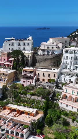 Amalfi Coast At Positano In Salerno Italy. Beach Landscape. Giant Cliffs Scene. Amalfi Coast At Positano In Salerno Italy. Medieval City Skyline. Gulf Of Salerno Mediterranean Sea. Beach Skyline.